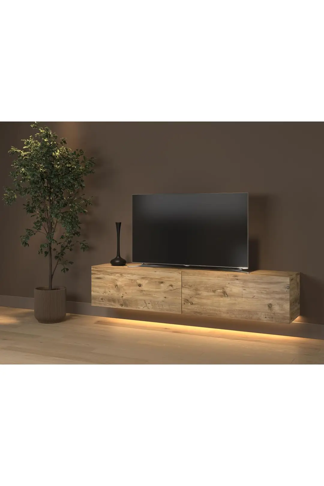 Rami Duvara Monte Led Işıklı, Dolaplı Tv Ünitesi - Tv Sehpası - Minifiksli - Atlantik Çam